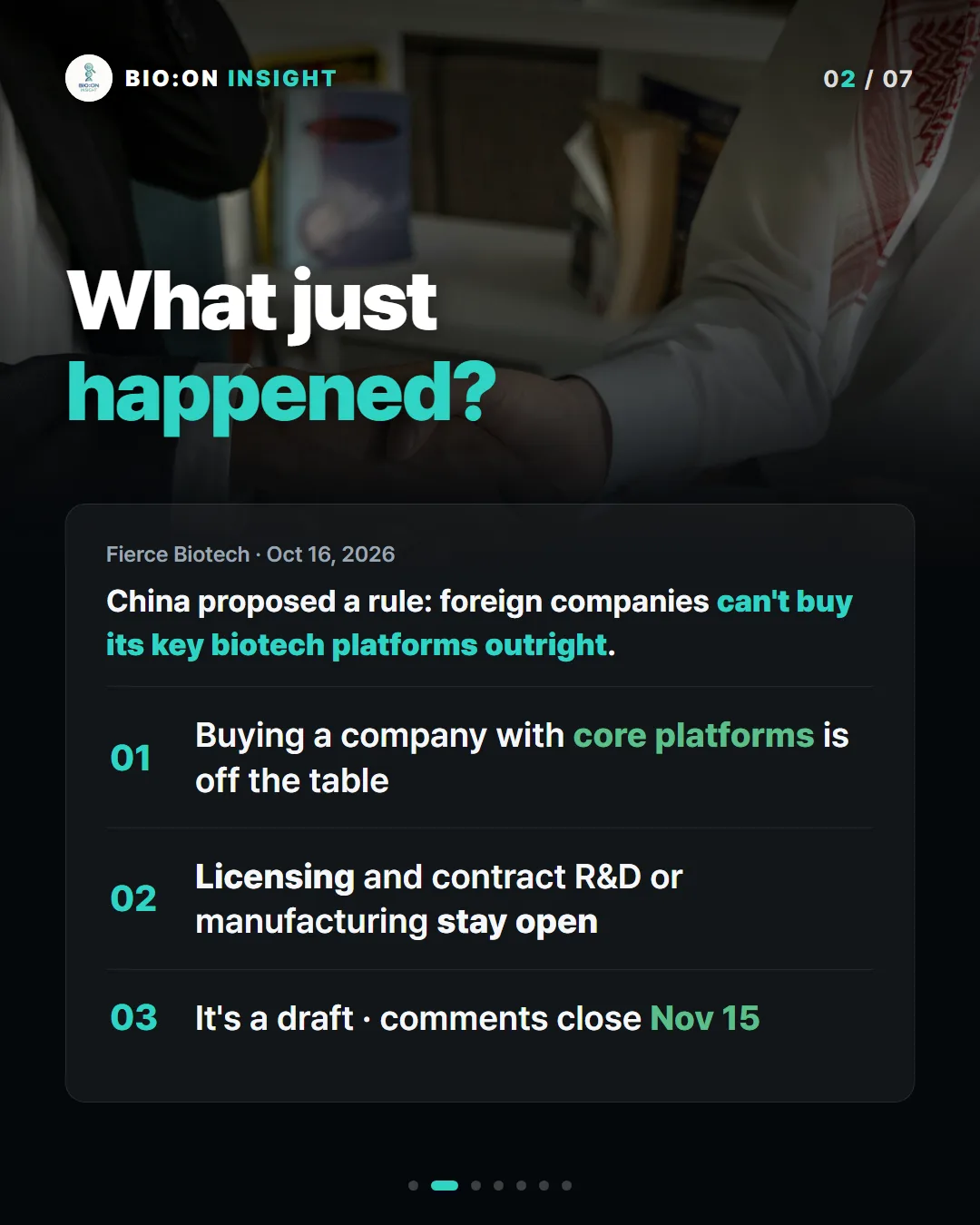 What just
happened?
Fierce Biotech · Oct 16, 2026
China proposed a rule: foreign companies can't buy its key biotech platforms outright.
Buying a company with core platforms is off the table
Licensing and contract R&D or manufacturing stay open
It's a draft · comments close Nov 15