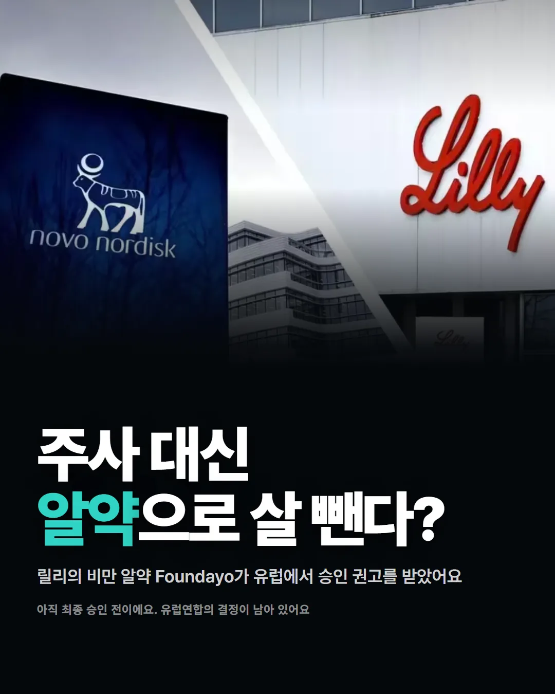 주사 대신
알약으로 살 뺀다?
릴리의 비만 알약 Foundayo가 유럽에서 승인 권고를 받았어요
아직 최종 승인 전이에요. 유럽연합의 결정이 남아 있어요