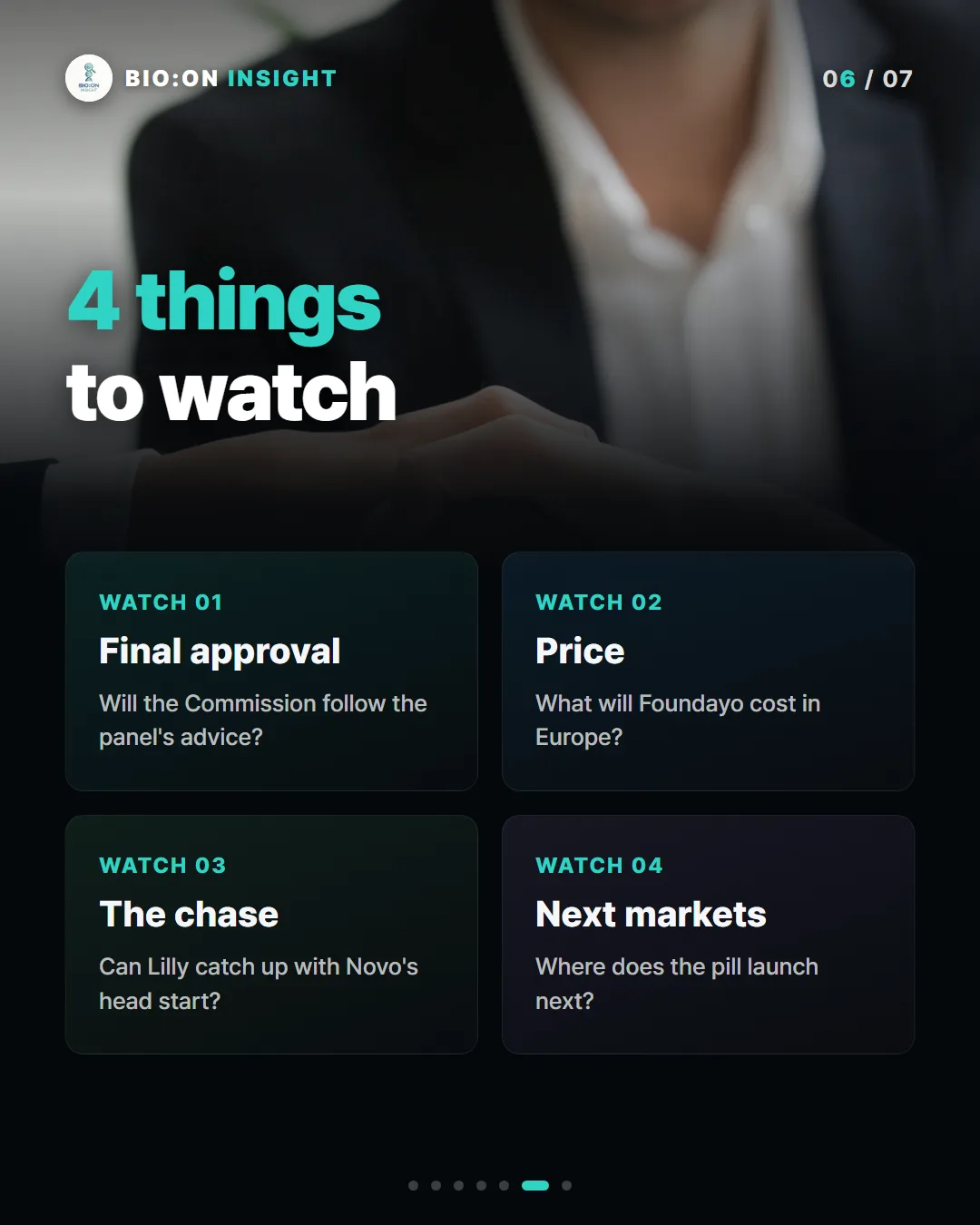 4 things
to watch
WATCH 01
Final approval
Will the Commission follow the panel's advice?
WATCH 02
Price
What will Foundayo cost in Europe?
WATCH 03
The chase
Can Lilly catch up with Novo's head start?
WATCH 04
Next markets
Where does the pill launch next?