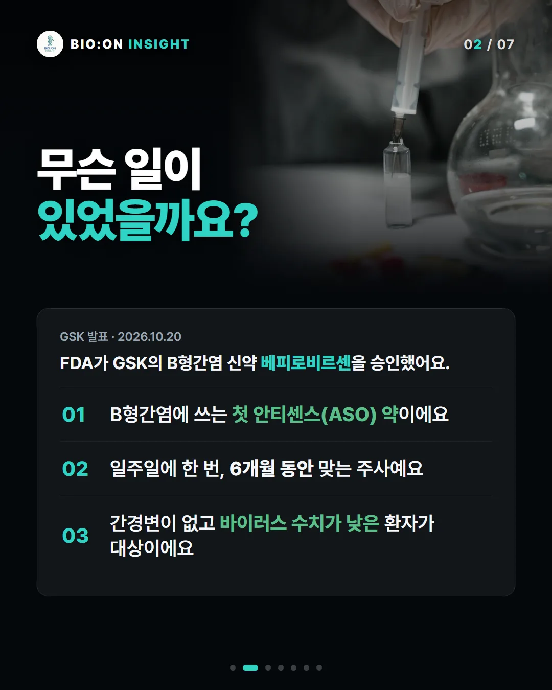 무슨 일이
있었을까요?
GSK 발표 · 2026.10.20
FDA가 GSK의 B형간염 신약 베피로비르센을 승인했어요.
B형간염에 쓰는 첫 안티센스(ASO) 약이에요
일주일에 한 번, 6개월 동안 맞는 주사예요
간경변이 없고 바이러스 수치가 낮은 환자가 대상이에요