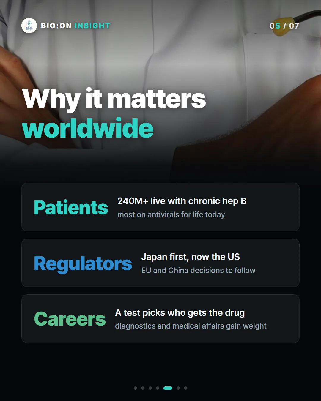 Why it matters
worldwide
Patients
240M+ live with chronic hep Bmost on antivirals for life today
Regulators
Japan first, now the USEU and China decisions to follow
Careers
A test picks who gets the drugdiagnostics and medical affairs gain weight
